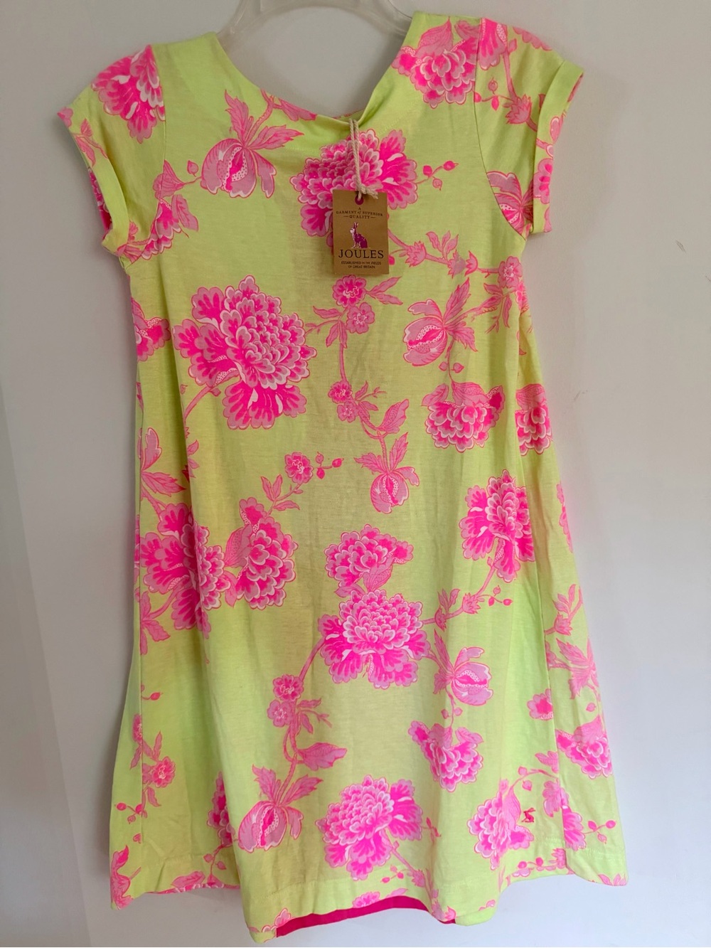 NWT Joules Lime Neon Pink Floral Cap-Sleeve Dress Girls 11 12